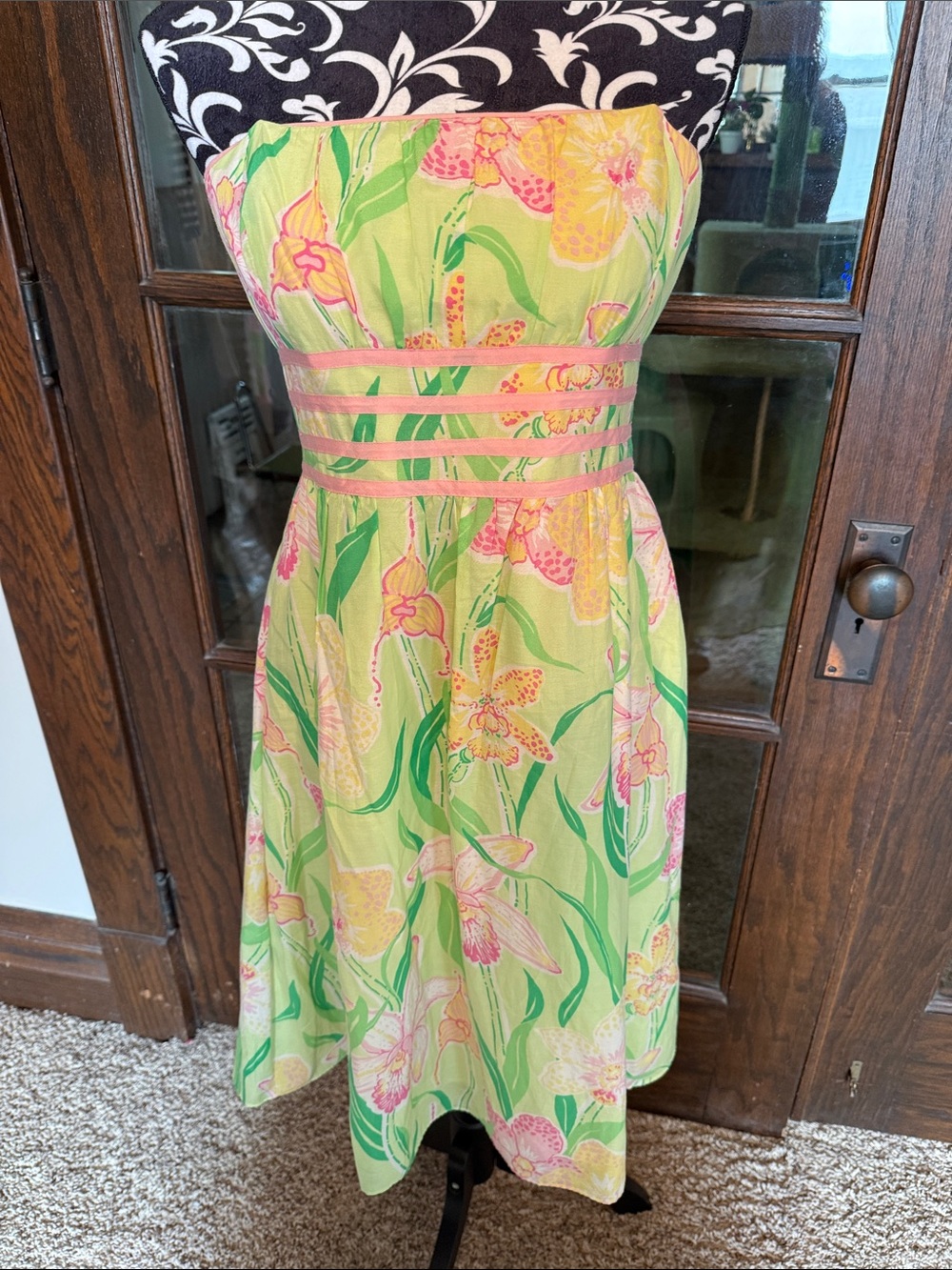 Lilly Pulitzer Green Floral Strapless Midi Dress with Pink and Yellow Accents